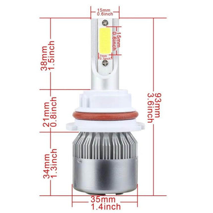 Car LED Headlight Kit For Clear Night Driving And Safer Visibility - 6000K cool white LED bulb with compact heat sink and dimensions shown