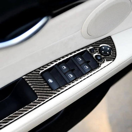 Carbon Fiber Decorative Panel for BMW Z4 Window Lift Design installed on white door panel around window switches