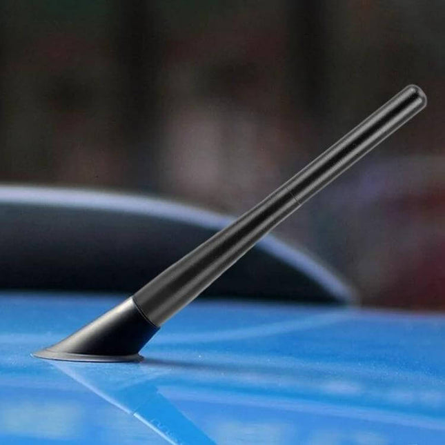 Modified Car Antenna Aerial for Radio Reception, 18cm Length mounted on blue car roof improving AM/FM signal and reducing static