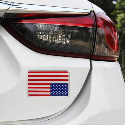Rectangle Shaped USA Flag Decorative Sticker for Vehicles on white car bumper showing aluminum alloy American flag decal