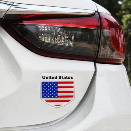 USA Flag Semicircle Shaped Decorative Car Sticker Design on white car rear bumper, aluminum alloy patriotic decal for events and daily use