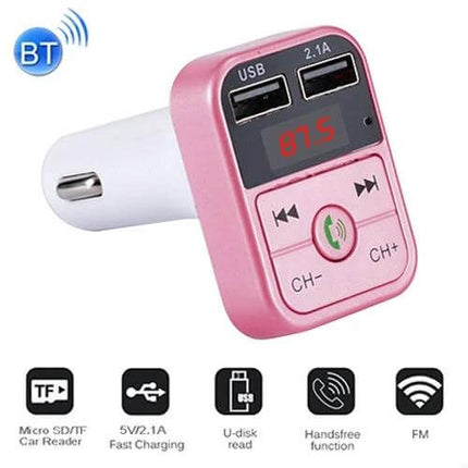 B2 Dual USB Bluetooth FM Transmitter Car Kit Silver plugged into car socket with dual USB ports, display and hands-free controls