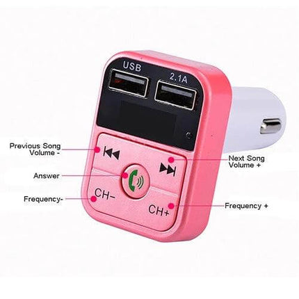 B2 Dual USB Bluetooth FM Transmitter Car Kit Silver - pink car adapter with dual USB ports, play/pause and call buttons, FM channel and volume controls