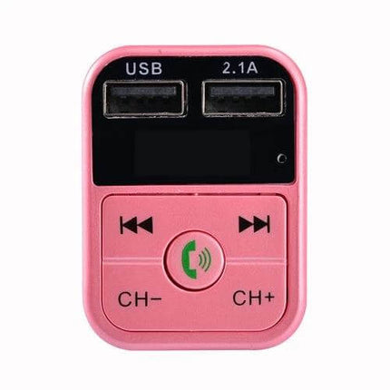 B2 Dual USB Bluetooth FM Transmitter Car Kit Silver — pink car FM transmitter with dual USB ports, music controls and hands-free call button