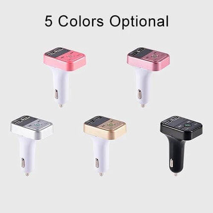 B2 Dual USB Bluetooth FM Transmitter Car Kit Silver showing five color options (pink, rose, silver, gold, black) with dual USB ports and controls