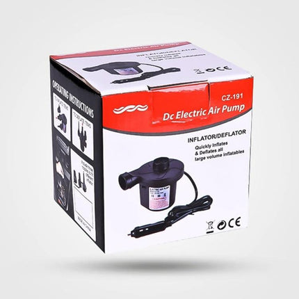 Compact Electric Air Pump for Travel and Daily Tire Needs shown boxed with 12V car plug and inflator/deflator unit