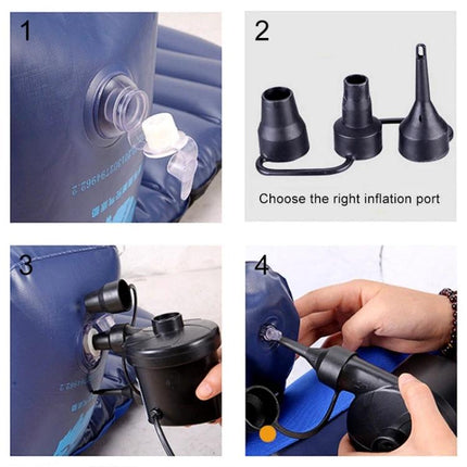 Compact Electric Air Pump for Travel and Daily Tire Needs shown inflating an air mattress with multiple nozzle adapters and plug-in pump