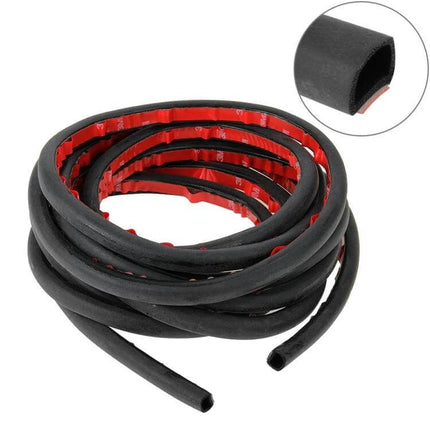 D-Shaped Car Noise Reduction Sealing Strip, 5 Meters — black D-shaped weatherstrip with adhesive backing to reduce road noise, dust, and moisture