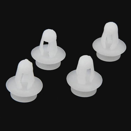 Universal Car Door Panel Replacement Clips, 100-Piece Set - white plastic door panel fastener clips on black background