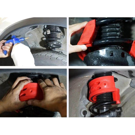 D Type Car Shock Absorber Spring Bumper Red for Everyday Driving showing red D-shaped bumper installed on vehicle shock absorber for visibility and impact cushioning
