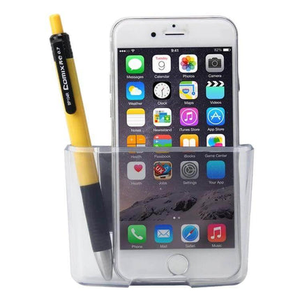 Shunwei Transparent Car Storage Bag for Mobile Phones holding smartphone and pen on car dashboard, clear PVC organizer for easy visibility and access
