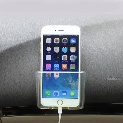 Shunwei Transparent Car Storage Bag for Mobile Phones mounted on dashboard holding a smartphone with charging cable