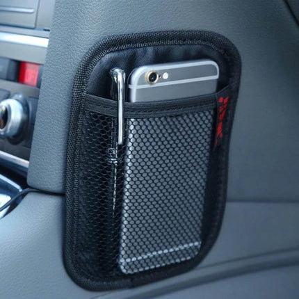 Car Seat Storage Bag for Organizing Essentials in Vehicles - black mesh pocket holding phone and pen attached to car seat