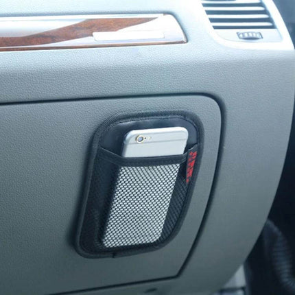 Car Seat Storage Bag for Organizing Essentials in Vehicles - mesh pocket on car dashboard holding phone to keep interior tidy