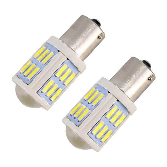 Car Turn and Reversing Light With Projector Lens 2 Pack - two ceramic-bodied LED bulbs 51x22mm with projector lens for clear signaling and reversing visibility