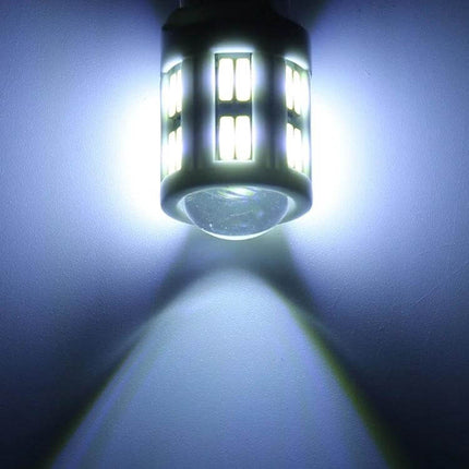 Ceramic T20 Car Turn Signal Light For Daily Driving showing ceramic housing LED bulb illuminated with bright white beam, plug-and-play T20 replacement