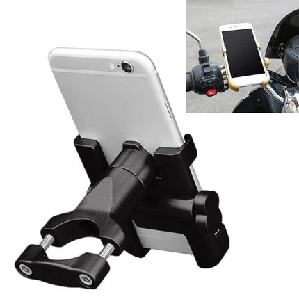 Durable Aluminum Alloy Motorcycle Handlebar Phone Mount for 60-100mm Devices showing smartphone secured on motorcycle handlebar