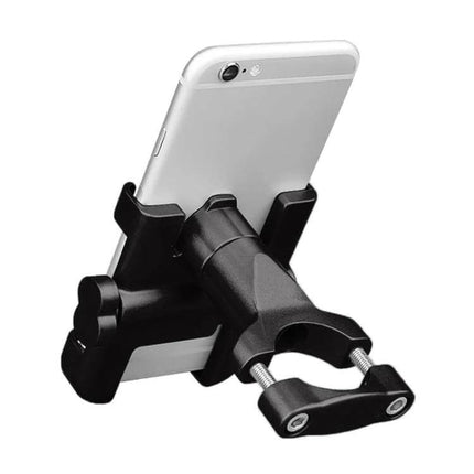 Durable Aluminum Alloy Motorcycle Handlebar Phone Mount for 60-100mm Devices - black handlebar clamp holding smartphone for GPS and hands-free riding