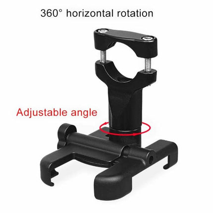 Durable Aluminum Alloy Motorcycle Handlebar Phone Mount for 60-100mm Devices showing 360° horizontal rotation and adjustable angle clamp