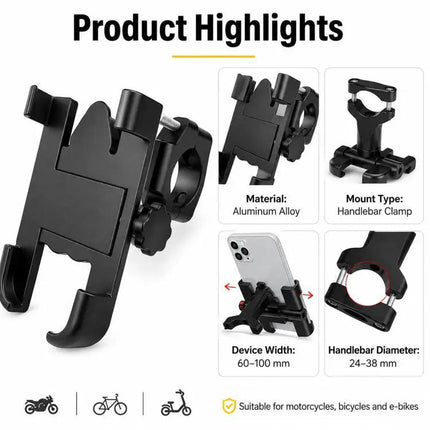 Durable Aluminum Alloy Motorcycle Handlebar Phone Mount for 60-100mm Devices | Syndmart