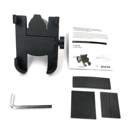 Durable Aluminum Alloy Motorcycle Handlebar Phone Mount for 60-100mm Devices shown with installation parts and Allen key