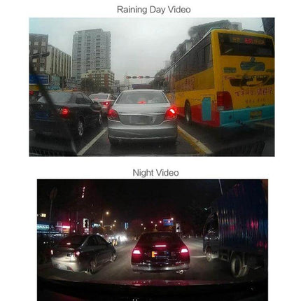 Dual Lens Car Dash Camera for Everyday Driving Security showing rainy day and night traffic footage from front and rear lenses