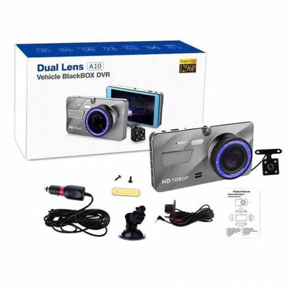 Dual Lens Car Dash Camera for Everyday Driving Security - front and rear dash cam kit with HD1080P camera, mounting accessories and power cable