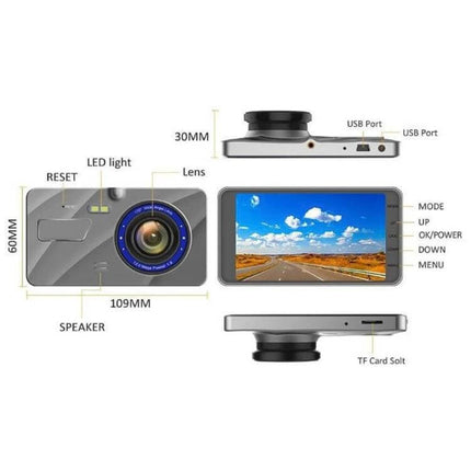 Dual Lens Car Dash Camera for Everyday Driving Security - front and rear view with screen, lens, USB port, TF card slot, and dimensions