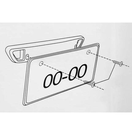 Universal Durable Plastic Car License Plate Holder mounted with screws showing front plate, bracket and hardware for cars, trucks, motorcycles