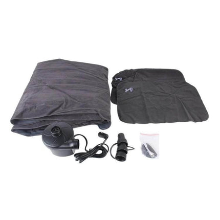 Inflatable Car Mattress for Travel, Camping, and Road Adventures with pump and accessories shown, folded black travel car air bed