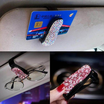 Compact Diamond Mounted Car Glasses and Bill Clip Holder in Mixed Colors on car visor holding sunglasses and cards