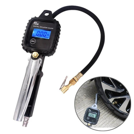 Essential Tire Pressure Gauge for Safe Daily Driving - digital inflator gauge with hose and clip measuring car tire pressure