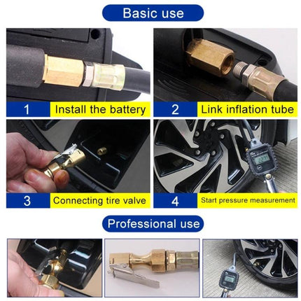 Essential Tire Pressure Gauge for Safe Daily Driving - step-by-step images showing battery install, link inflation tube, connect valve, and start pressure measurement