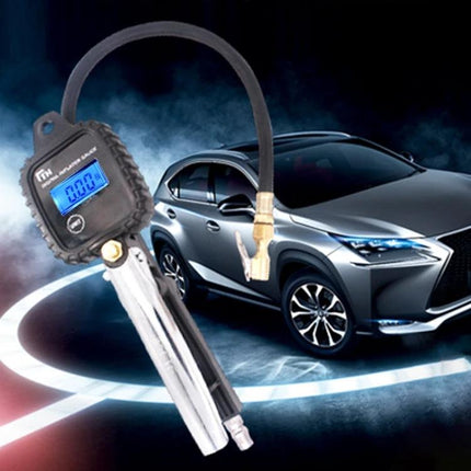 Essential Tire Pressure Gauge for Safe Daily Driving - digital gauge with hose next to SUV, accurate pressure checks for commutes and road trips