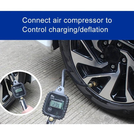 Essential Tire Pressure Gauge for Safe Daily Driving — digital gauge connected to tire valve showing 23.5 PSI while air compressor hose attached