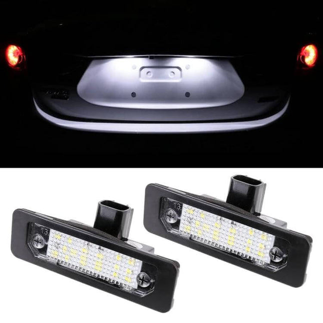 2-Piece LED License Plate Light 6000K For Mustangs showing cool white LED illumination and plug-and-play 2-piece set for rear plate