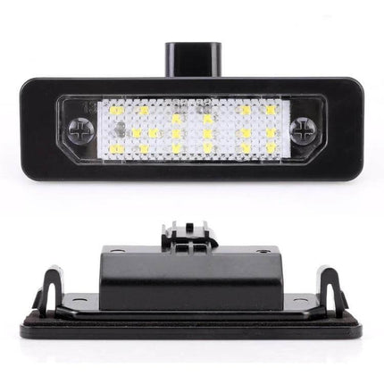 2-Piece LED License Plate Light 6000K For Mustangs showing front LED array and rear housing, plug-and-play replacement for 2010-2014 Mustangs