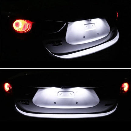 2-Piece LED License Plate Light 6000K For Mustangs showing bright cool white rear plate illumination on 2010-2014 Mustang with plug-and-play install