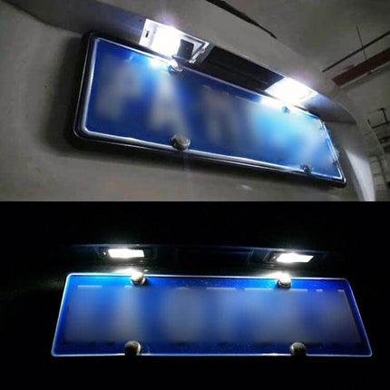 2-Piece LED License Plate Light 6000K For Mustangs showing cool white rear illumination, plug-and-play installation, 2-piece set for 2010-2014 Mustangs