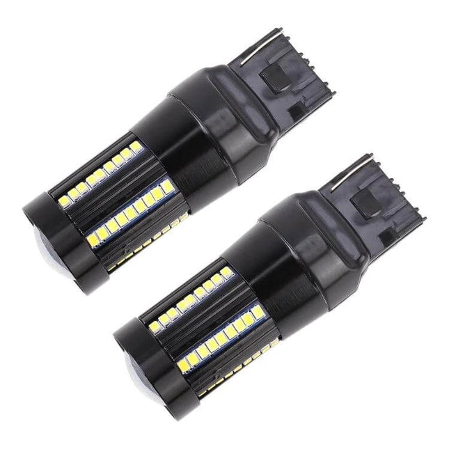 LED Car Turn And Reverse Light For Backup Use 66 LEDs black dual LED bulbs with 66 LEDs each showing white beam for rear turn and reverse signaling