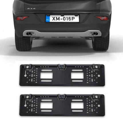 Europe Style Car License Plate Frame with Rear View Camera showing black Euro-style frame with built-in camera for parking safety