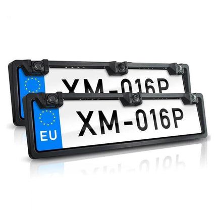 Europe Style Car License Plate Frame with Rear View Camera installed on EU plate showing dual frames and integrated backup camera