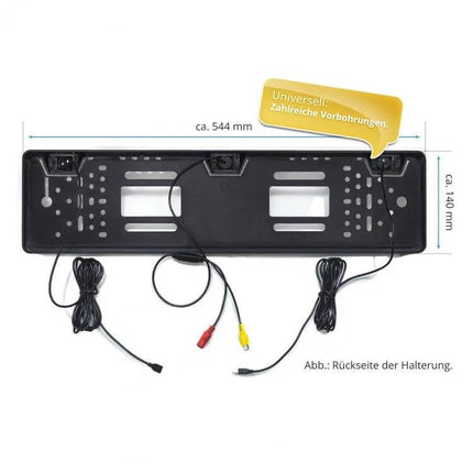 Europe Style Car License Plate Frame with Rear View Camera showing rear side, dual cameras, mounting holes and RCA power cables
