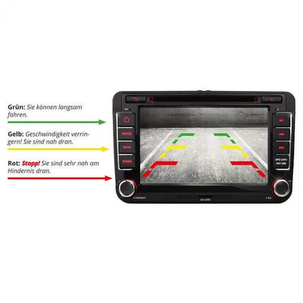 Europe Style Car License Plate Frame with Rear View Camera showing TFT display parking guide lines and color distance warnings