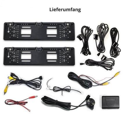 Europe Style Car License Plate Frame with Rear View Camera showing two black frames, cameras, wiring harnesses and connectors kit