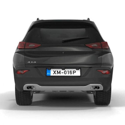 Europe Style Car License Plate Frame with Rear View Camera mounted on rear of SUV showing camera above EU-style plate
