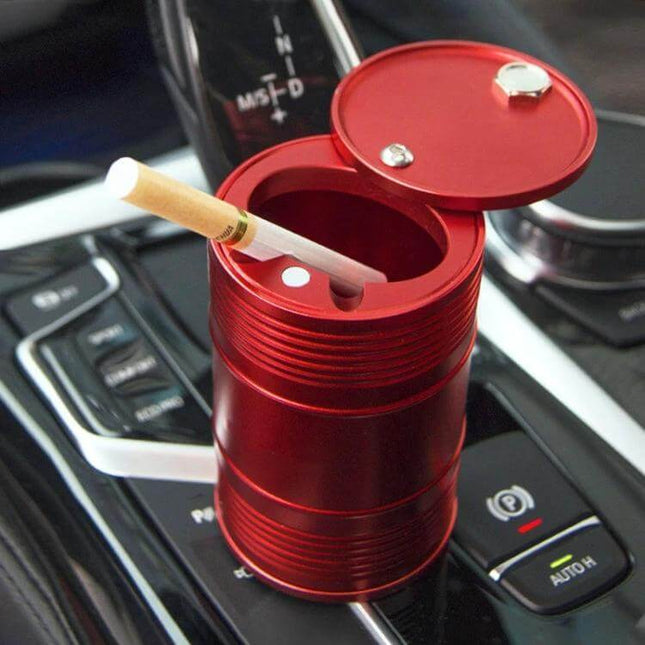 Portable Metal Car Trash Bin and Ashtray in Black or Red - red aluminum car ashtray and trash bin shown with cigarette on center console