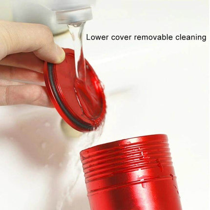 Portable Metal Car Trash Bin and Ashtray in Black or Red - red aluminum unit with removable lower cover being rinsed for easy cleaning