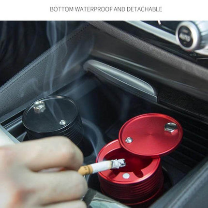 Portable Metal Car Trash Bin and Ashtray in Black or Red - red aluminum ashtray in car cup holder with lit cigarette, detachable waterproof bottom