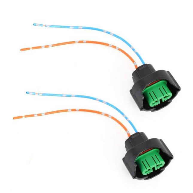 Car H8 H11 Bulb Holder Socket With Wire 2 Pack Replacement shown as two black sockets with green inserts and orange/blue wires